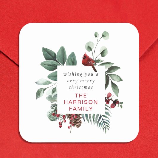 冬の葉レッド（鳥）ショウジョウコウカンチョウカスタムメリークリスマス スクエアシール