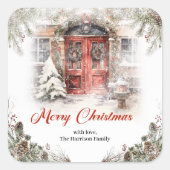 冬の街の居心地の良い水色の赤いクリスマスドア スクエアシール (正面)