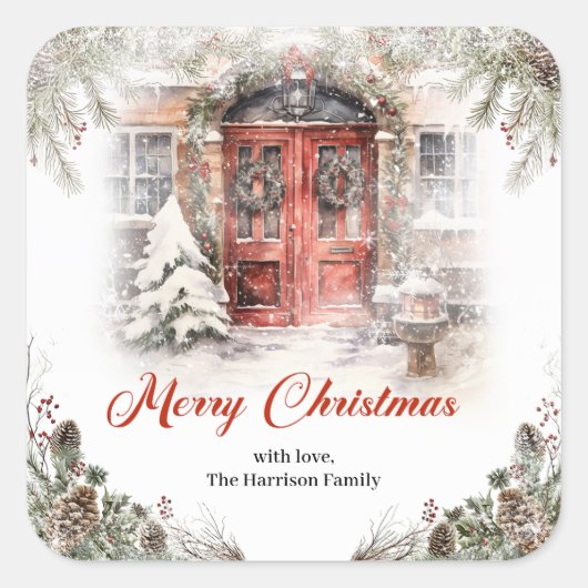 冬の街の居心地の良い水色の赤いクリスマスドア スクエアシール (正面)