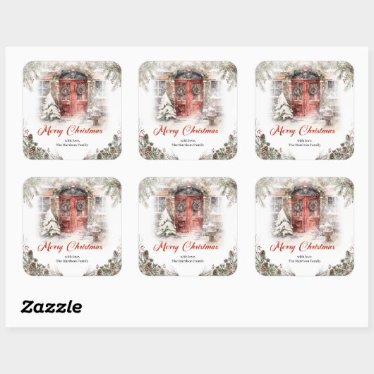 冬の街の居心地の良い水色の赤いクリスマスドア スクエアシール (シート)