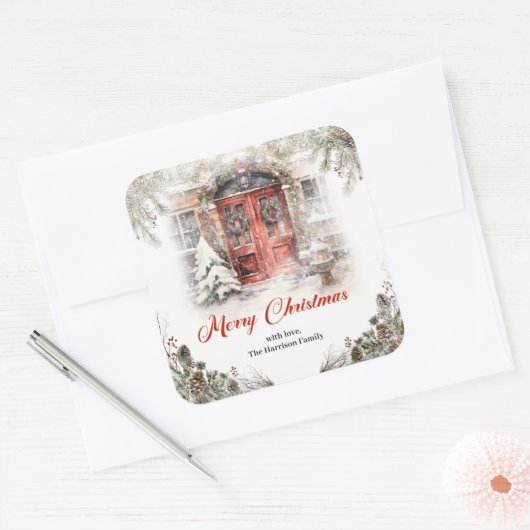 冬の街の居心地の良い水色の赤いクリスマスドア スクエアシール (封筒)