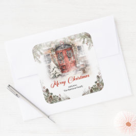 冬の街の居心地の良い水色の赤いクリスマスドア スクエアシール