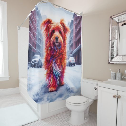 冬の街並みに愛らしい霜の降りた通り犬 シャワーカーテン (インサイチュ)
