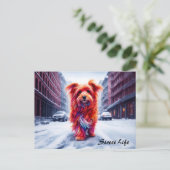 冬の街並みに愛らしい霜の降りた通り犬 ポストカード (スタンド正面)