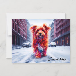 冬の街並みに愛らしい霜の降りた通り犬 ポストカード