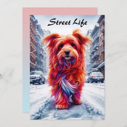 冬の街並みに愛らしい霜の降りた通り犬 招待状 (正面/裏面)