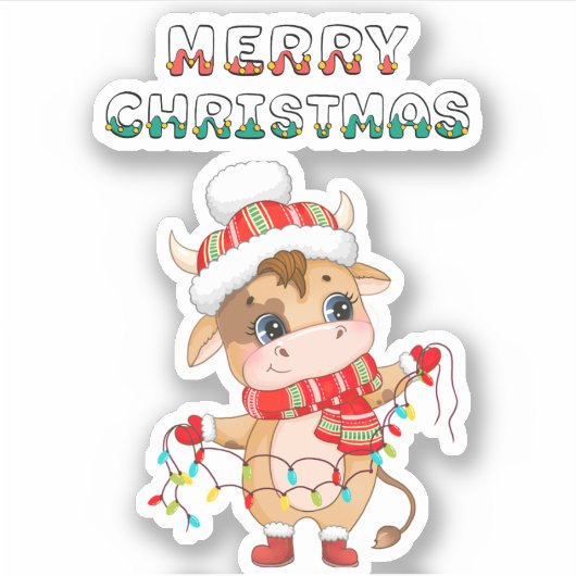 冬の衣装を着た可愛いクリスマスカウズ シール (正面)