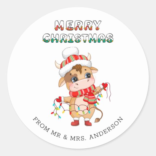 冬の衣装を着た可愛いクリスマスカウズ ラウンドシール (正面)