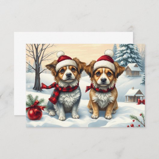 冬の装名門私立校風の装の小型犬と帽子カード (正面/裏面)