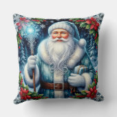 冬の装飾が施された美しい青い服を着たサンタ クッション (裏面)