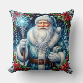 冬の装飾が施された美しい青い服を着たサンタ クッション