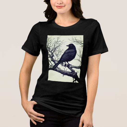 冬の裸の枝にとまるカラス トライブレンドTシャツ (正面)