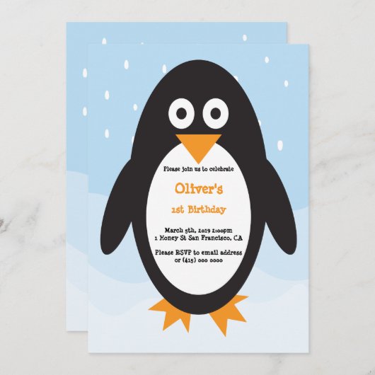 冬の誕生日に最適なペンギンの招待 招待状 (正面/裏面)
