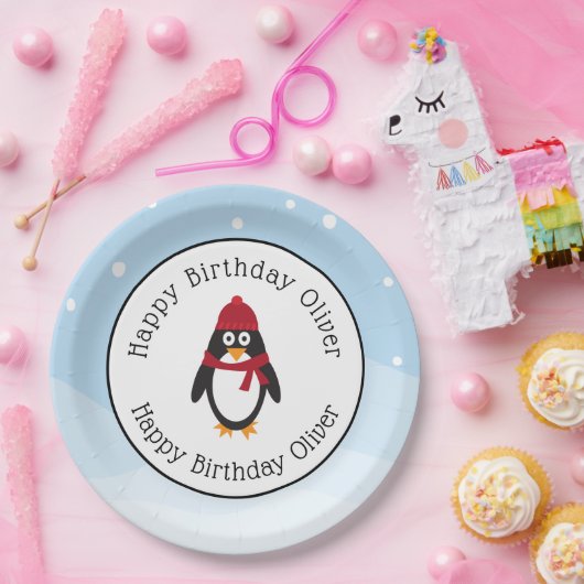 冬の誕生日のためのペンギン誕生日パーティープレート ペーパープレート (パーティー)