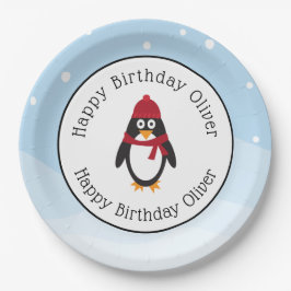 冬の誕生日のためのペンギン誕生日パーティープレート ペーパープレート