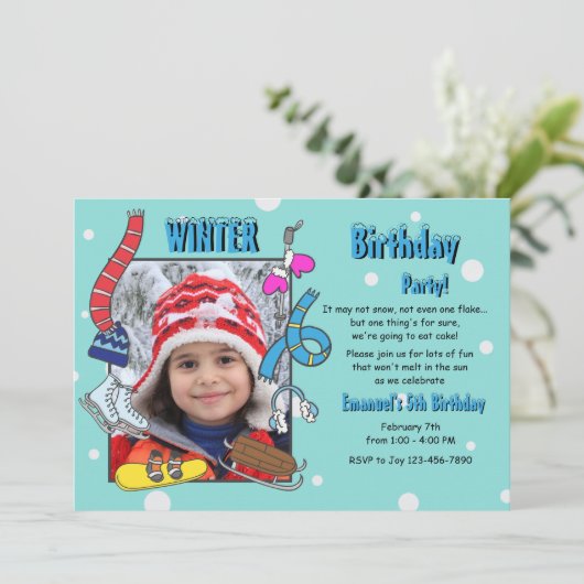 冬の誕生日パーティフォト招待状 招待状 (スタンド正面)