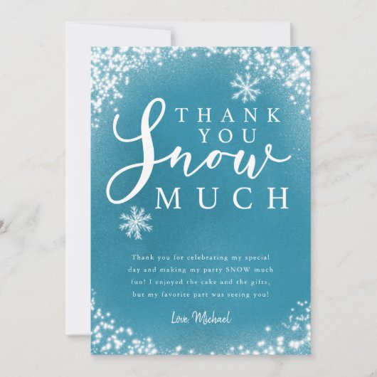 冬の誕生日パーティーのボーイ、ありがとう、多くのカードを積み上げた サンキューカード (正面)