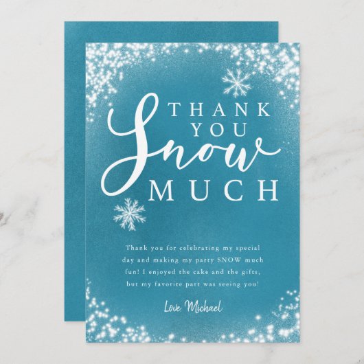 冬の誕生日パーティーのボーイ、ありがとう、多くのカードを積み上げた サンキューカード (正面/裏面)