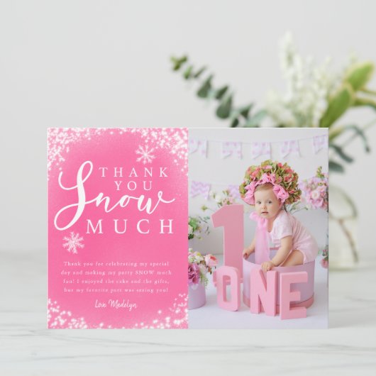 冬の誕生日パーティーの女の子の写真 サンキューカード (スタンド正面)