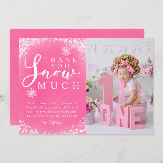 冬の誕生日パーティーの女の子の写真 サンキューカード (正面/裏面)