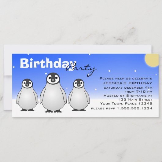 冬の誕生日パーティーの招待とベビーペンギン 招待状 (正面)