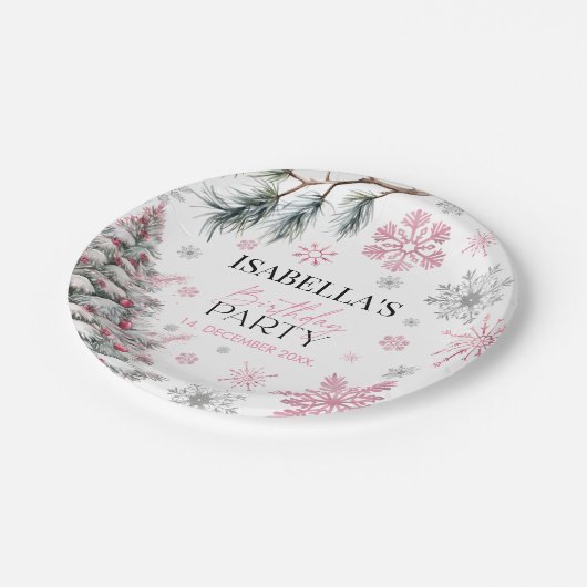 冬の誕生日ピンク ペーパープレート (アングル)