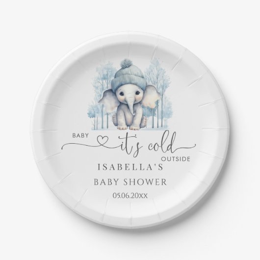 冬の象の男の子の赤ちゃんシャワー ペーパープレート (正面)