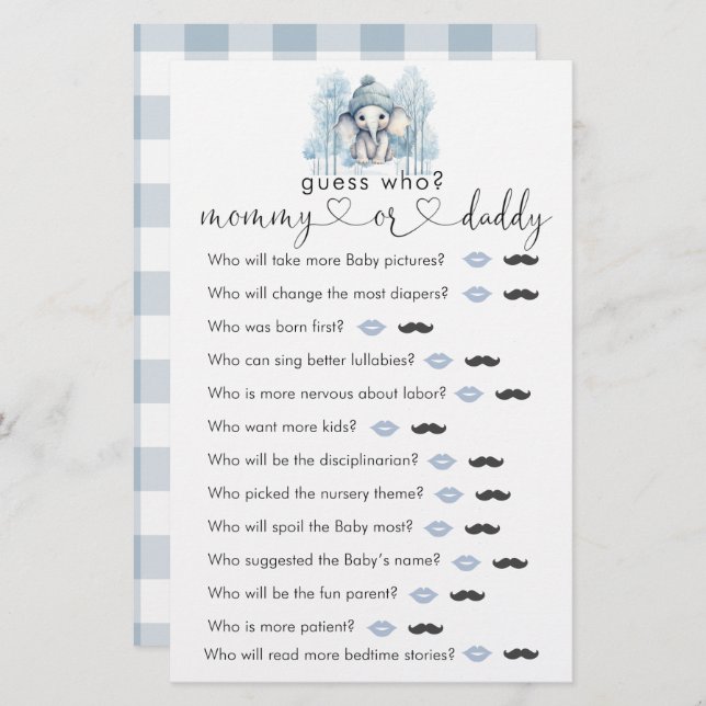 冬の象の男の子の赤ちゃんシャワー"誰を推測"ゲーム (正面/裏面)