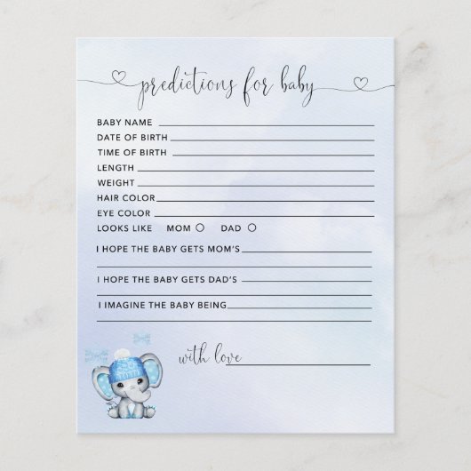 冬の象の赤ちゃんシャワー予測カード (正面)