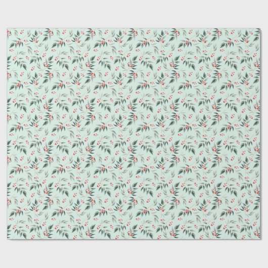 冬の賢明な群葉の緑の草木及び赤い果実のクリスマス ラッピングペーパー (フラット)