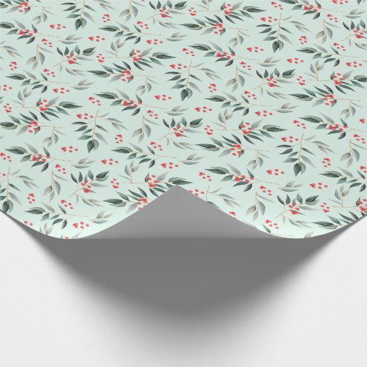 冬の賢明な群葉の緑の草木及び赤い果実のクリスマス ラッピングペーパー (角)