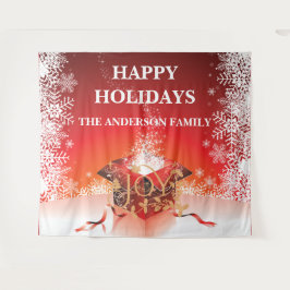 冬の贈り物　箱　サプライズ　雪の結晶　赤　白　金 タペストリー