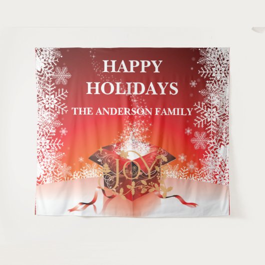 冬の贈り物　箱　サプライズ　雪の結晶　赤　白　金 タペストリー (正面(横))