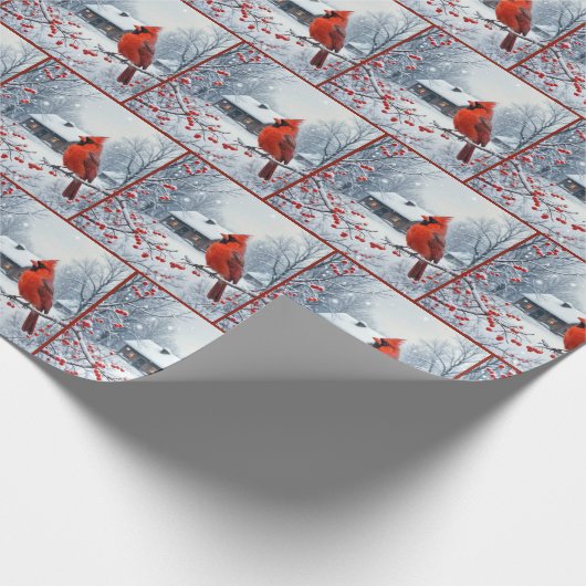 冬の赤いカーディナルが赤い実の付いた枝に止まっている ラッピングペーパー (角)