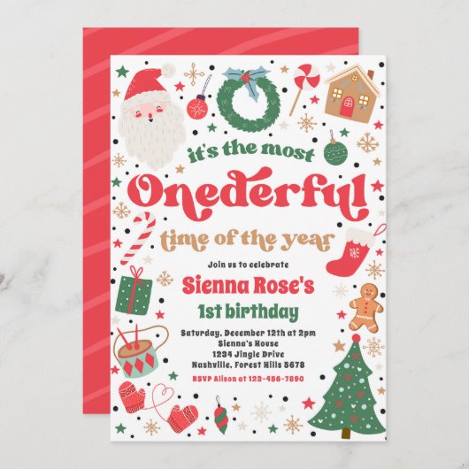 冬の赤いクリスマスの誕生日パーティー 招待状 (正面/裏面)