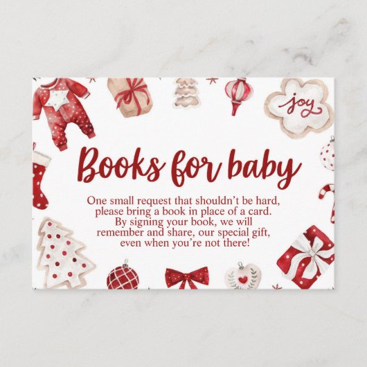 冬の赤いクリスマスの赤ちゃんシャワーベビー エンクロージャーカード (正面)