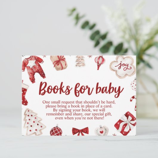 冬の赤いクリスマスの赤ちゃんシャワーベビー エンクロージャーカード (スタンド正面)