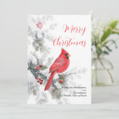 冬の赤いショウジョウコウカンチョウの鳥のクリスマスカード (スタンド正面)