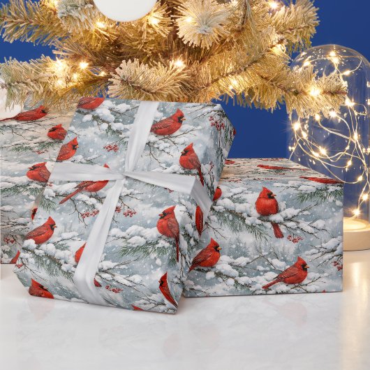 冬の赤いショウジョウコウカンチョウの鳥柄 ラッピングペーパー (クリスマス)