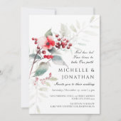 冬の赤いセージグリーンの花のクリスチャンウェディング 招待状 (正面)