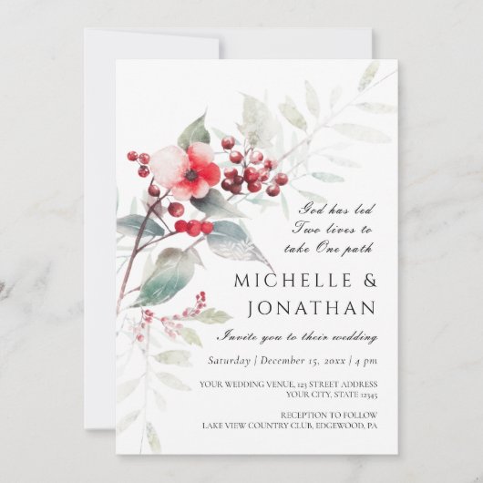 冬の赤いセージグリーンの花のクリスチャンウェディング 招待状 (正面)