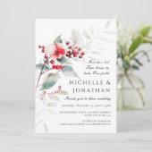 冬の赤いセージグリーンの花のクリスチャンウェディング 招待状 (スタンド正面)