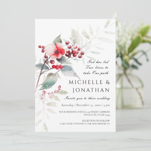 冬の赤いセージグリーンの花のクリスチャンウェディング 招待状 (スタンド正面)