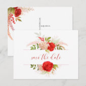 冬の赤いバラとグリーン セーブ・ザ・デート ポストカード (正面/裏面)