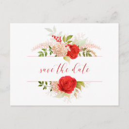 冬の赤いバラ&緑の日付を保存 ポストカード