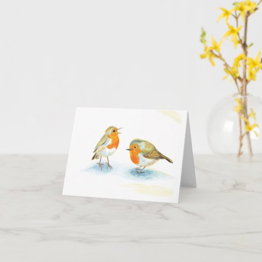 冬の赤いロビン カード (黄色い花)