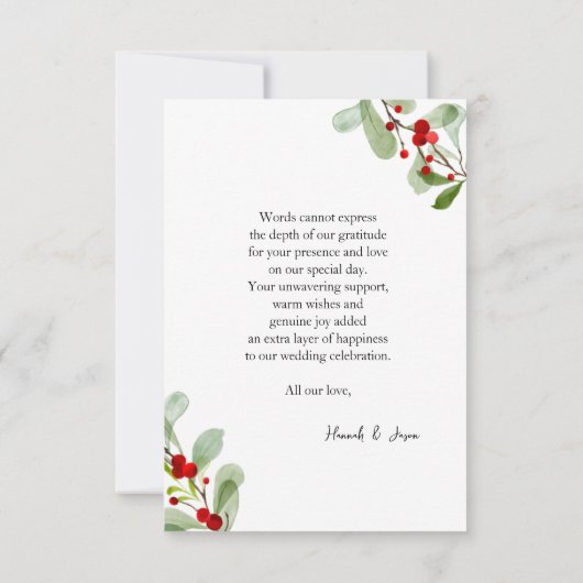 冬の赤い果実の結婚クリスマス感謝してい サンキューカード (裏面)