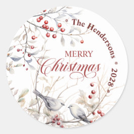 冬の赤い果実の鳥がクリスマスを楽しむ ラウンドシール