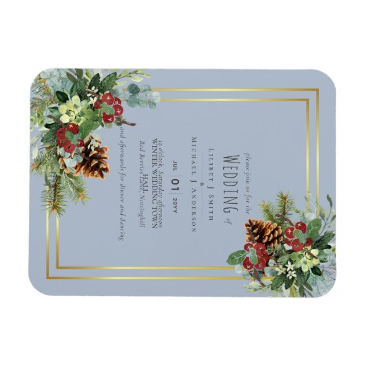 冬の赤い漿果の松の結婚球果 マグネット (横)