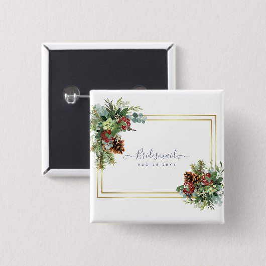 冬の赤い漿果の松の結婚球果 缶バッジ (正面&裏面)